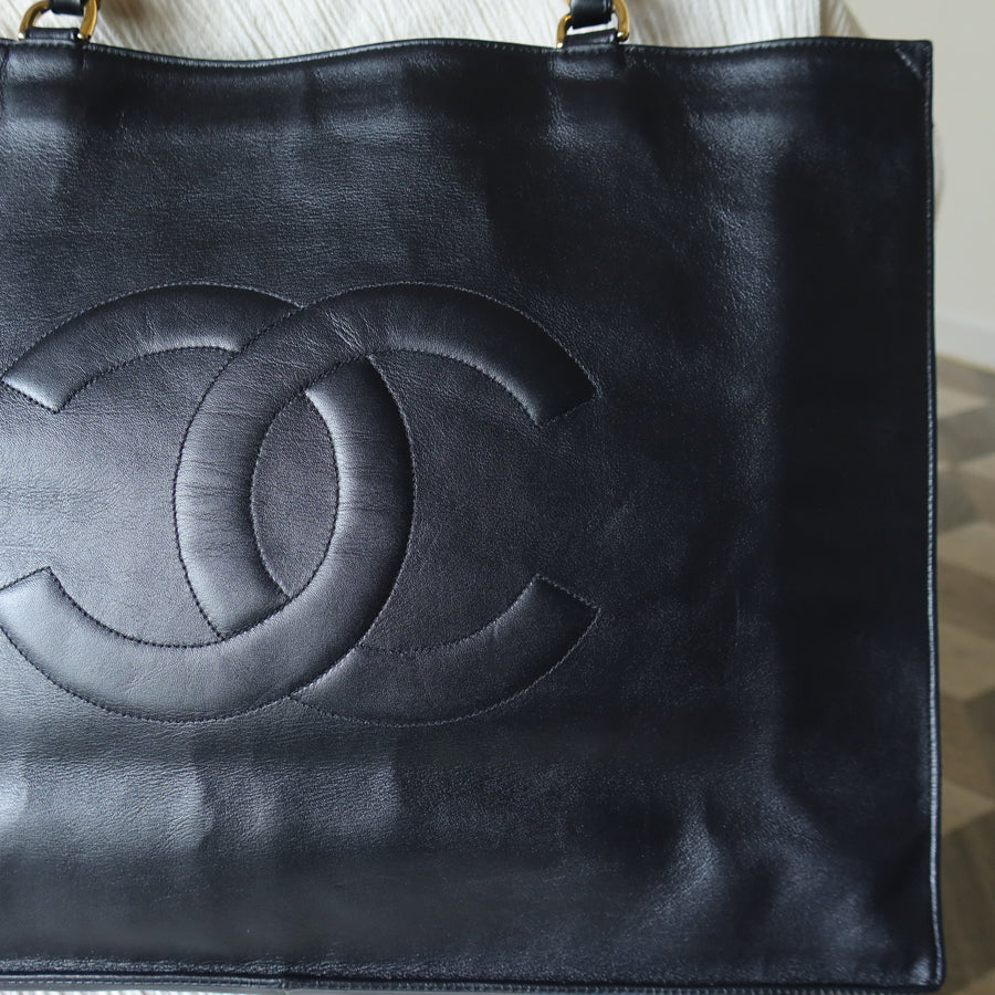 Rare Chanel Vintage Black Leather CC mark Maxi Shopper Tote Bag
