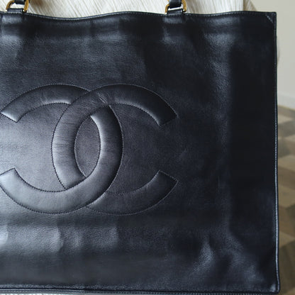 Rare Chanel Vintage Black Leather CC mark Maxi Shopper Tote Bag