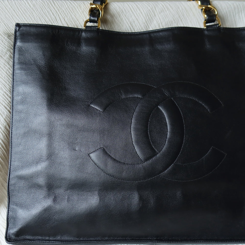 Rare Chanel Vintage Black Leather CC mark Maxi Shopper Tote Bag