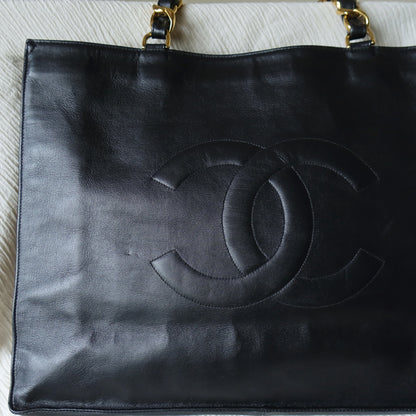 Rare Chanel Vintage Black Leather CC mark Maxi Shopper Tote Bag