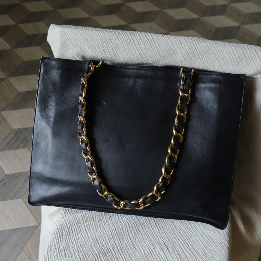 Rare Chanel Vintage Black Leather CC mark Maxi Shopper Tote Bag