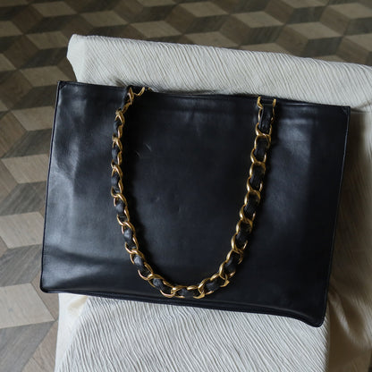 Rare Chanel Vintage Black Leather CC mark Maxi Shopper Tote Bag