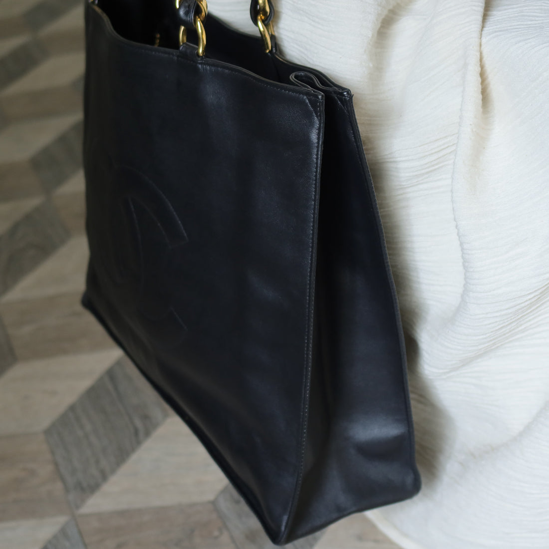 Rare Chanel Vintage Black Leather CC mark Maxi Shopper Tote Bag