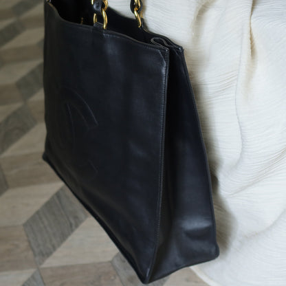 Rare Chanel Vintage Black Leather CC mark Maxi Shopper Tote Bag