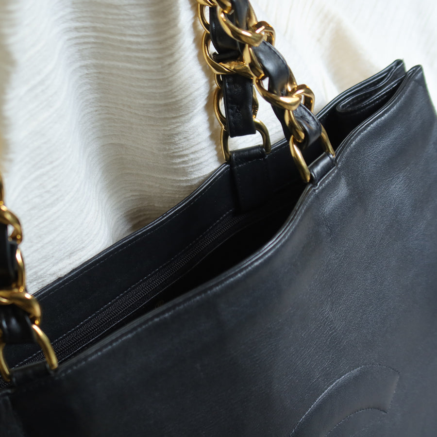 Rare Chanel Vintage Black Leather CC mark Maxi Shopper Tote Bag
