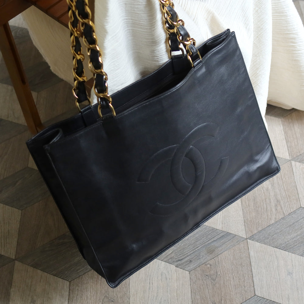 Rare Chanel Vintage Black Leather CC mark Maxi Shopper Tote Bag