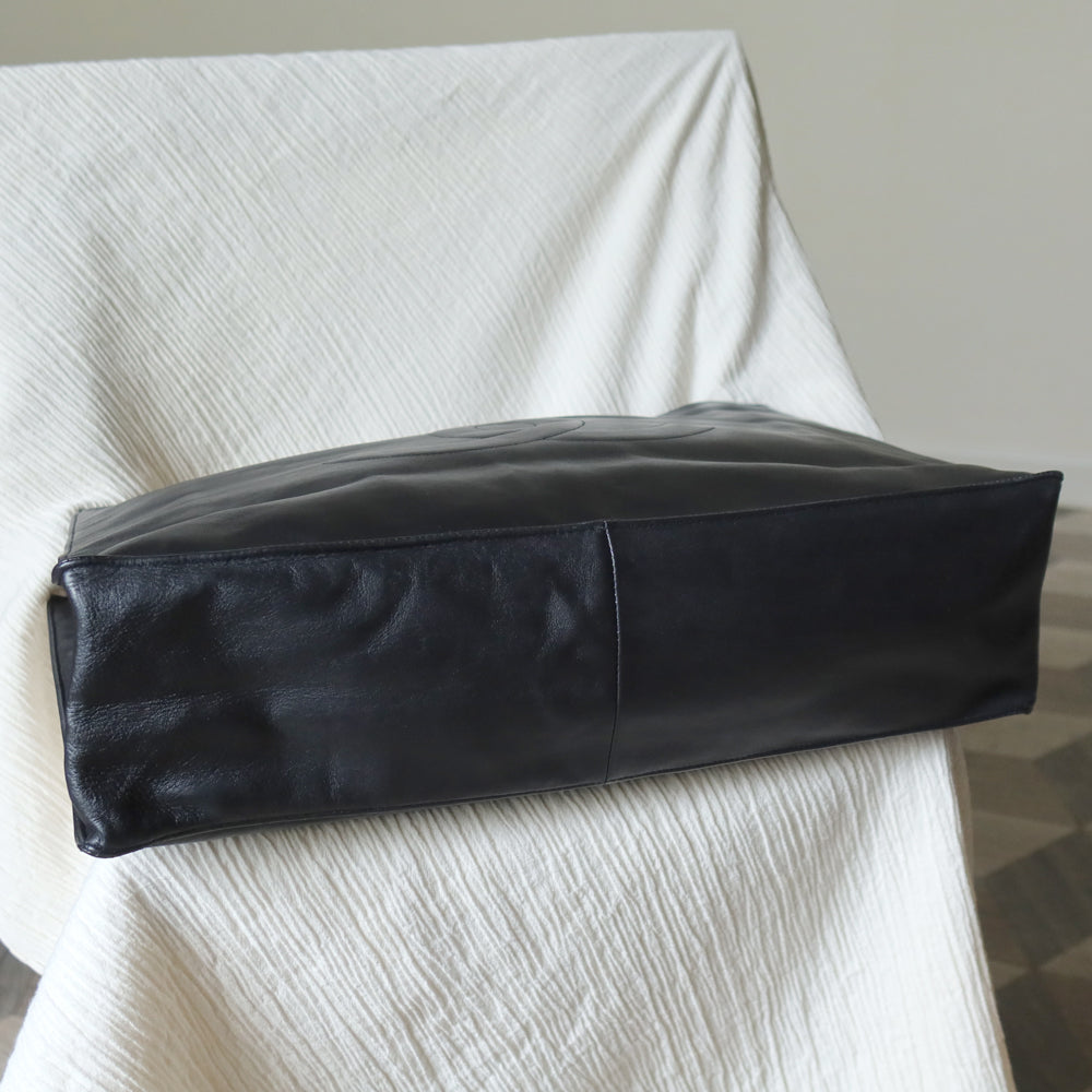 Rare Chanel Vintage Black Leather CC mark Maxi Shopper Tote Bag