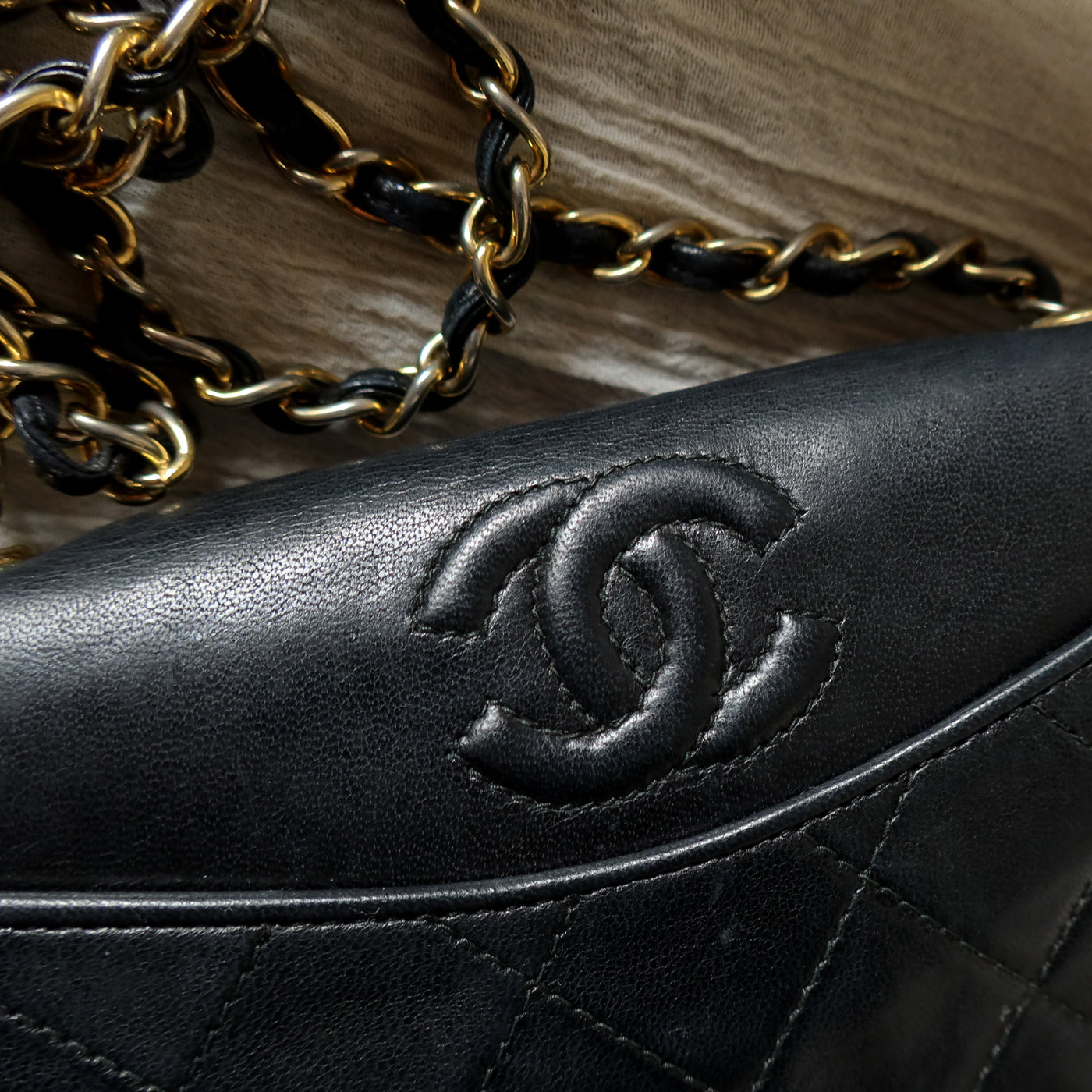 Chanel Vintage Black Lambskin Matelasse Dual Pocket Flap Bag