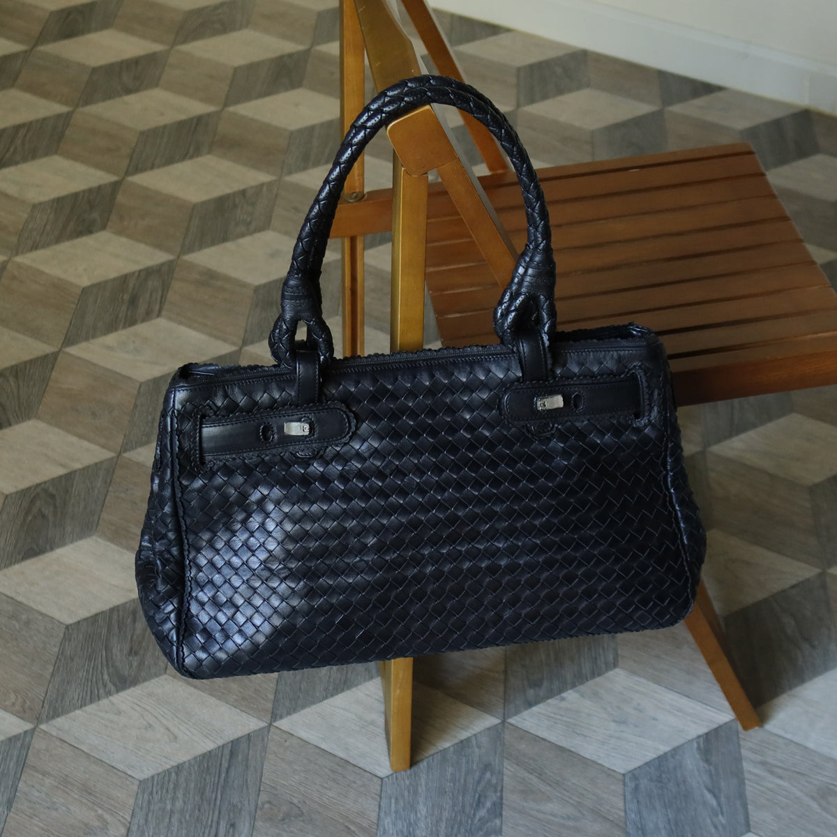 Rare Bottega Veneta Vintage Black Intrecciato Leather East West Ruffles Shoulder Bag