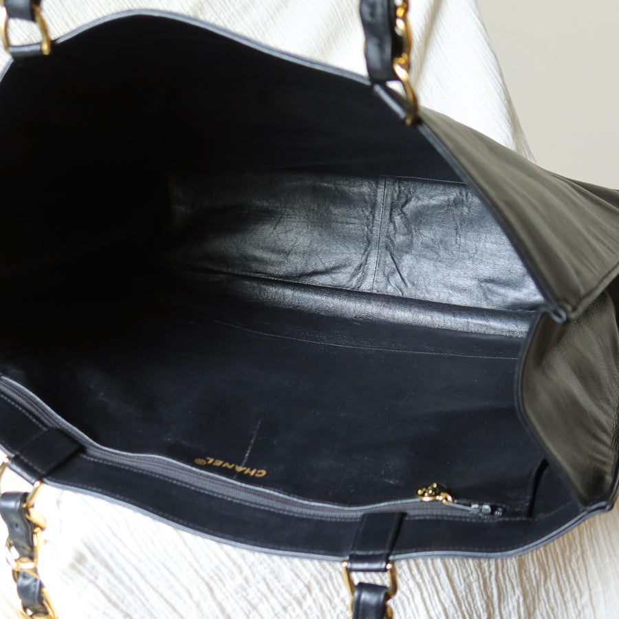 Rare Chanel Vintage Black Leather CC mark Maxi Shopper Tote Bag