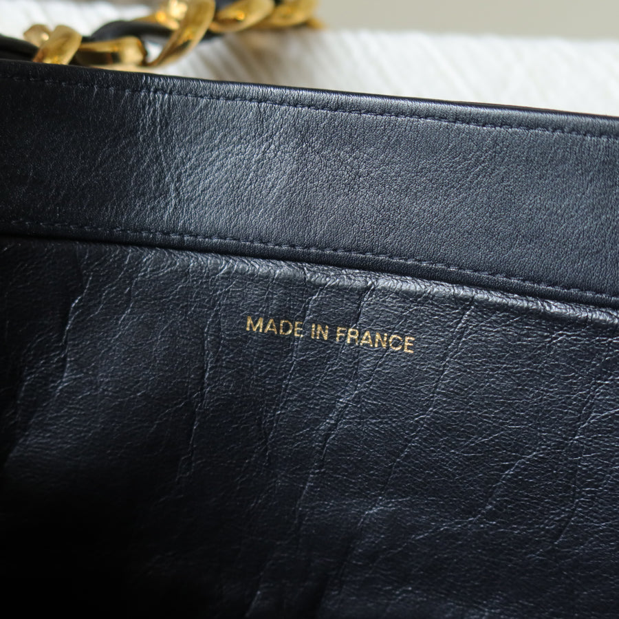 Rare Chanel Vintage Black Leather CC mark Maxi Shopper Tote Bag