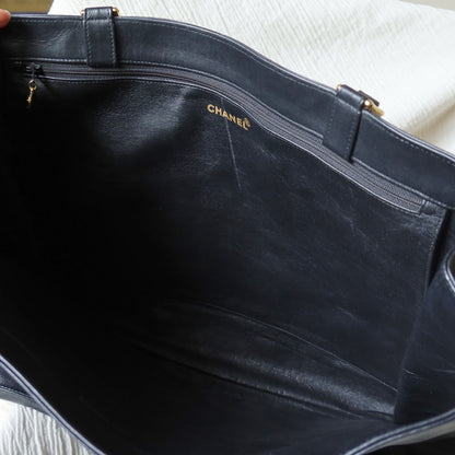 Rare Chanel Vintage Black Leather CC mark Maxi Shopper Tote Bag