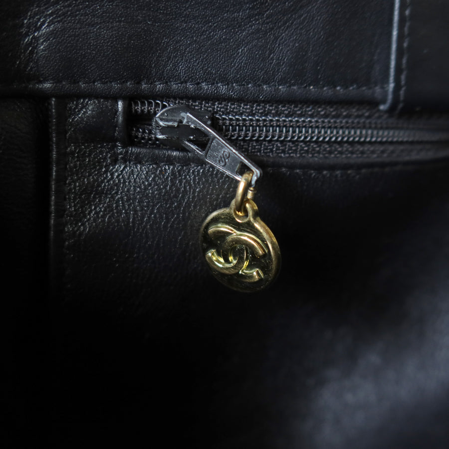 Rare Chanel Vintage Black Leather CC mark Maxi Shopper Tote Bag