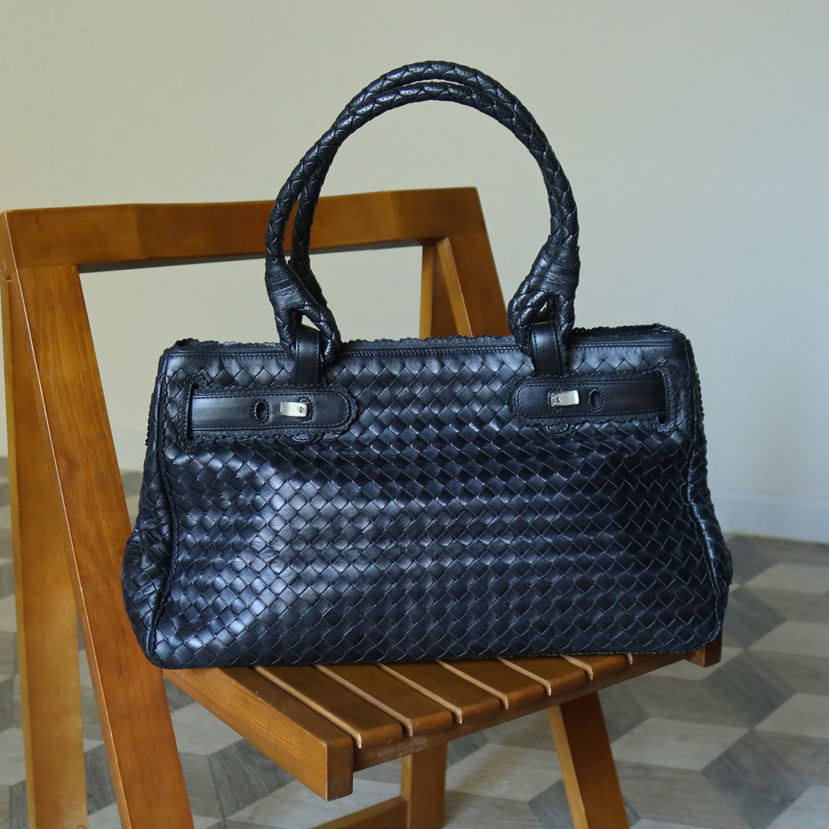 Rare Bottega Veneta Vintage Black Intrecciato Leather East West Ruffles Shoulder Bag