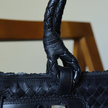 Rare Bottega Veneta Vintage Black Intrecciato Leather East West Ruffles Shoulder Bag