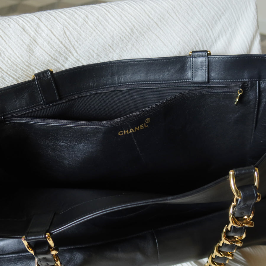 Rare Chanel Vintage Black Leather CC mark Maxi Shopper Tote Bag