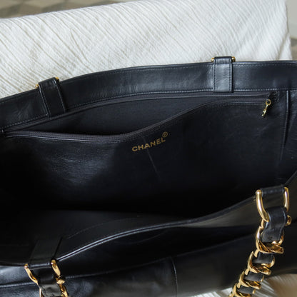 Rare Chanel Vintage Black Leather CC mark Maxi Shopper Tote Bag