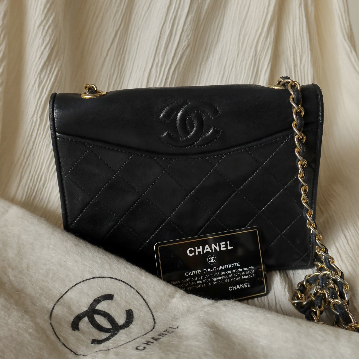 Chanel Vintage Black Lambskin Matelasse Dual Pocket Flap Bag