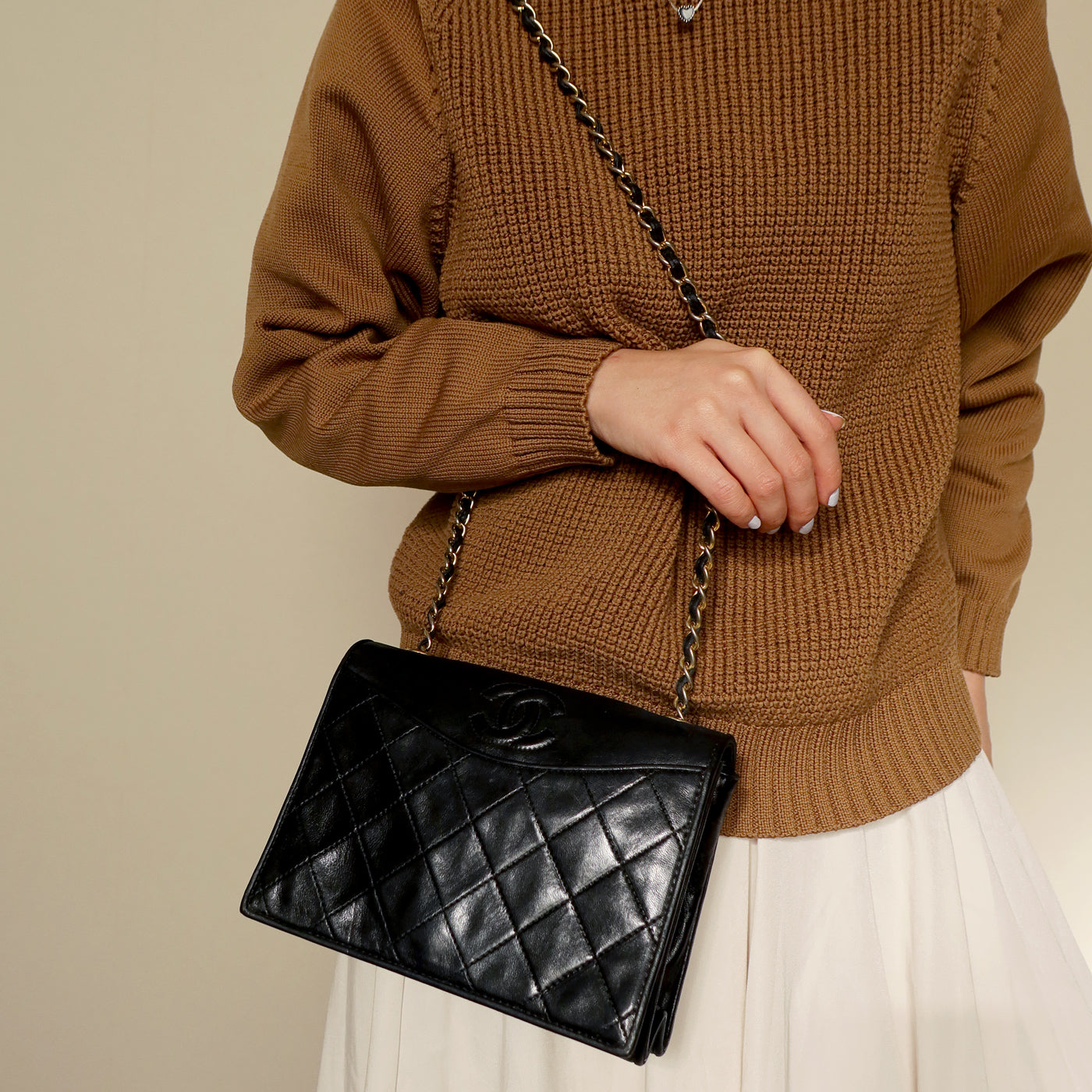 Chanel Vintage Black Lambskin Matelasse Dual Pocket Flap Bag