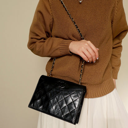 Chanel Vintage Black Lambskin Matelasse Dual Pocket Flap Bag