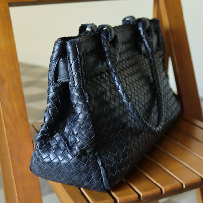 Rare Bottega Veneta Vintage Black Intrecciato Leather East West Ruffles Shoulder Bag