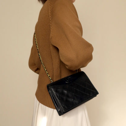 Chanel Vintage Black Lambskin Matelasse Dual Pocket Flap Bag