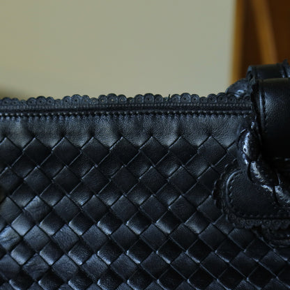 Rare Bottega Veneta Vintage Black Intrecciato Leather East West Ruffles Shoulder Bag