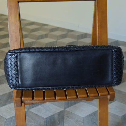 Rare Bottega Veneta Vintage Black Intrecciato Leather East West Ruffles Shoulder Bag