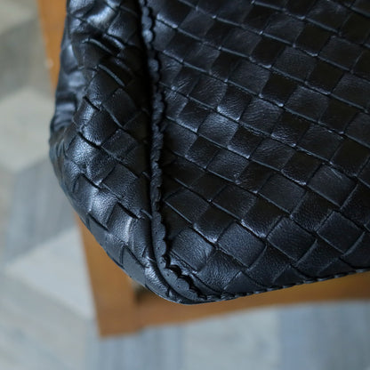 Rare Bottega Veneta Vintage Black Intrecciato Leather East West Ruffles Shoulder Bag