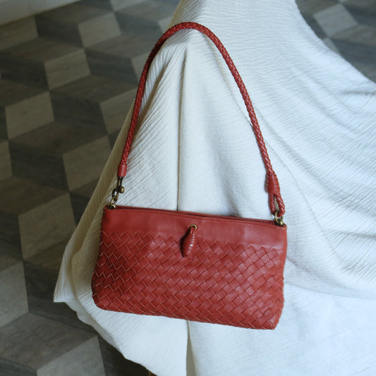 Bottega Veneta Vintage Coral Red Intrecciato Leather Pochette Clutch Shoulder Bag