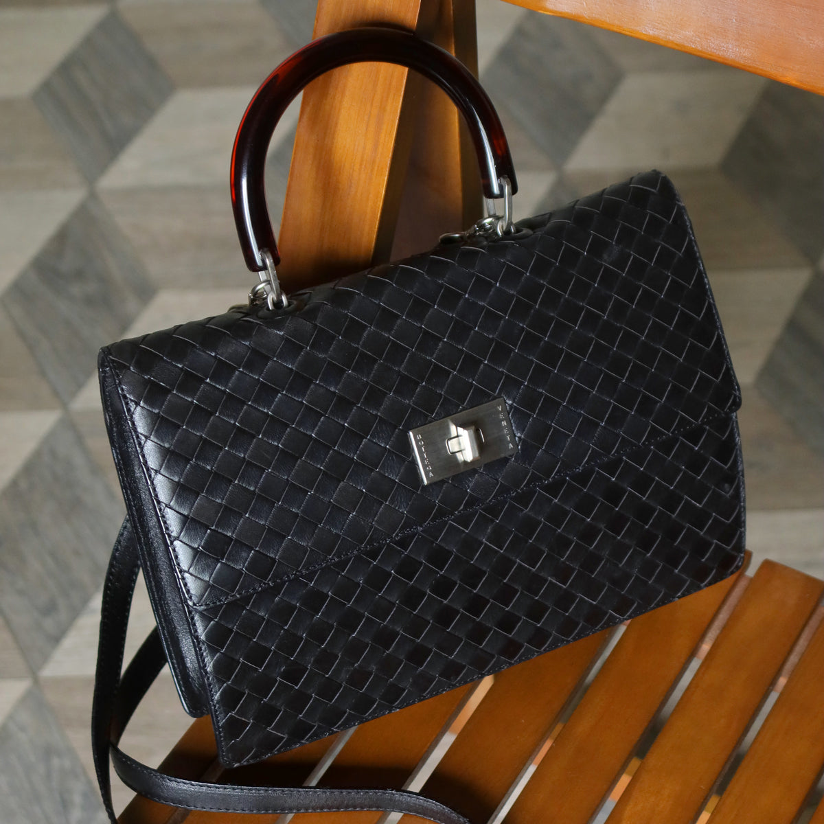 Rare Bottega Veneta Vintage Black Intrecciato Resin Top handle 2way Flap Bag