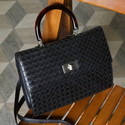 Rare Bottega Veneta Vintage Black Intrecciato Resin Top handle 2way Flap Bag