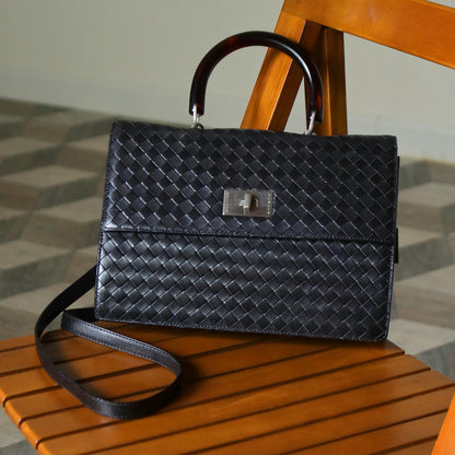 Rare Bottega Veneta Vintage Black Intrecciato Resin Top handle 2way Flap Bag