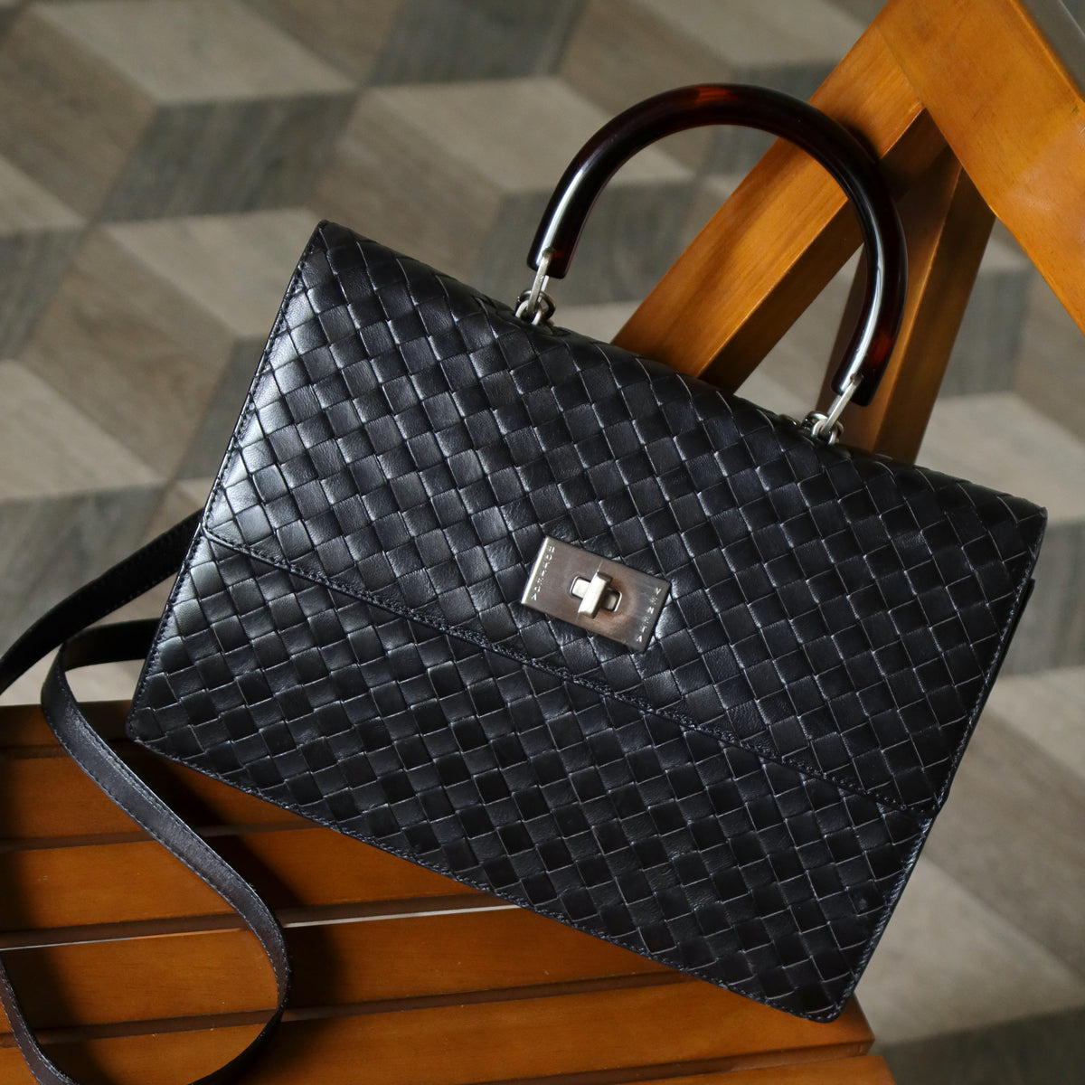 Rare Bottega Veneta Vintage Black Intrecciato Resin Top handle 2way Flap Bag