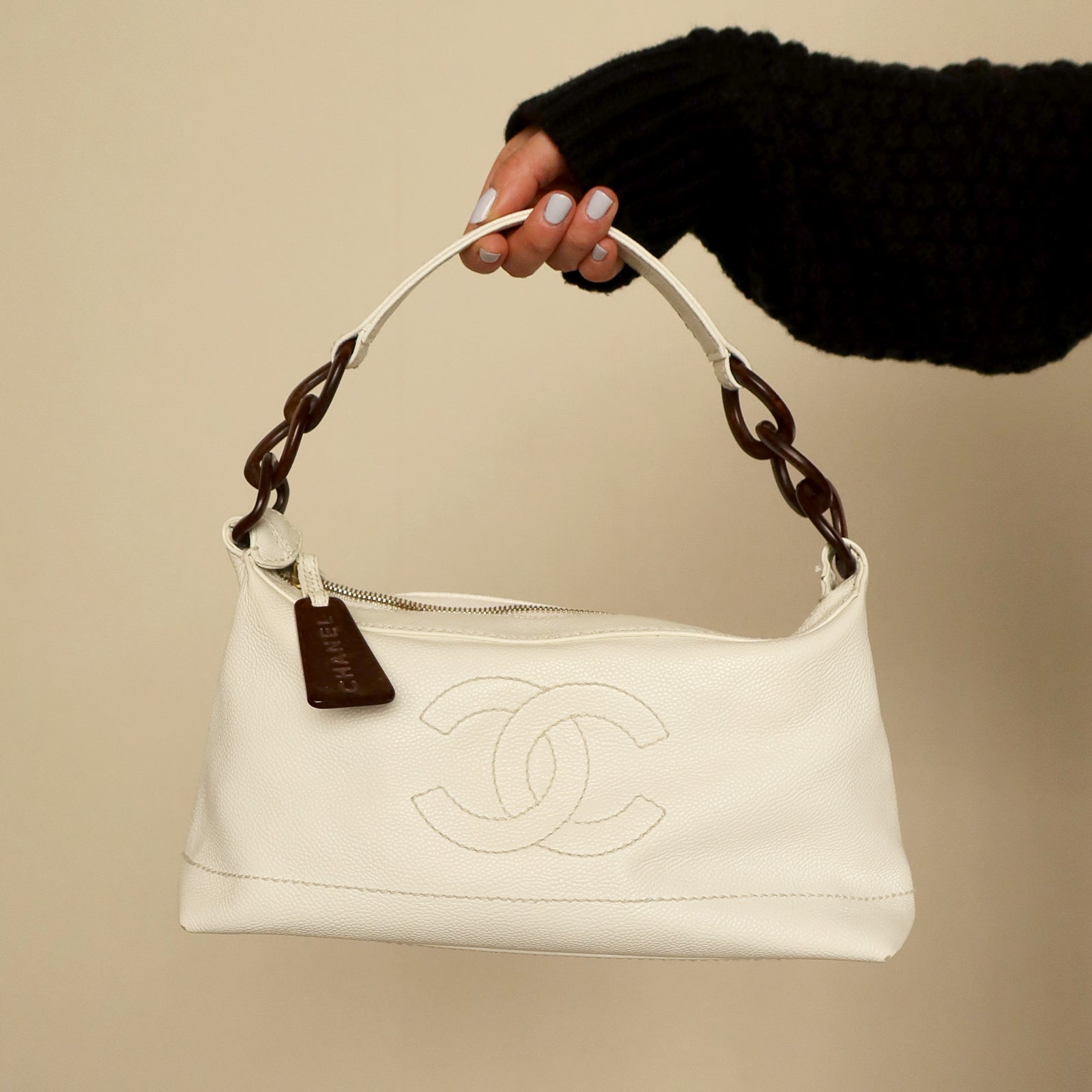 Chanel Vintage White Caviar Leather Hobo Coco Mark Shoulder Bag