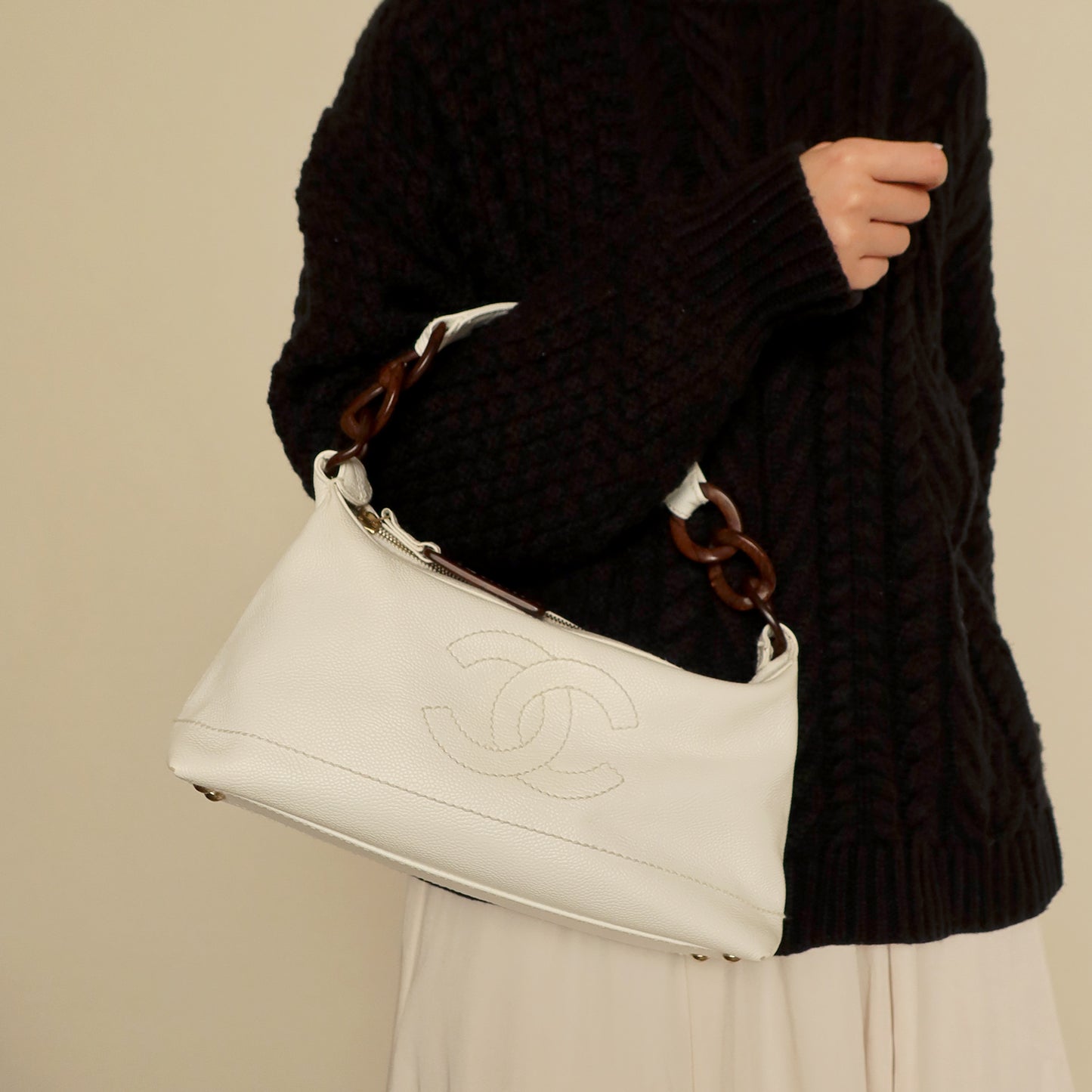 Chanel Vintage White Caviar Leather Hobo Coco Mark Shoulder Bag