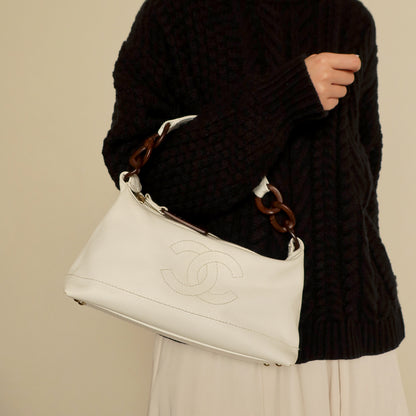 Chanel Vintage White Caviar Leather Hobo Coco Mark Shoulder Bag