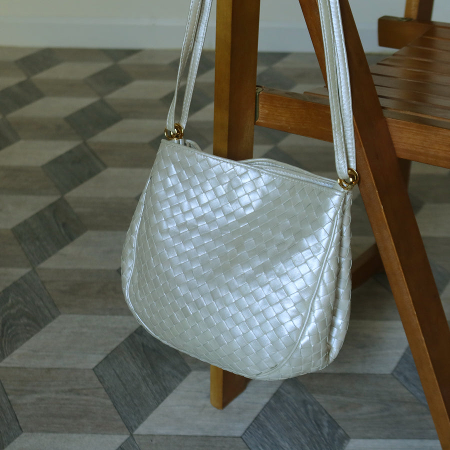 Vintage Bottega Veneta Pearly Ivory Intrecciato Leather 2way Shoulder Bag
