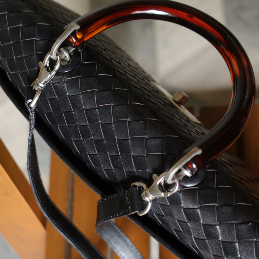 Rare Bottega Veneta Vintage Black Intrecciato Resin Top handle 2way Flap Bag