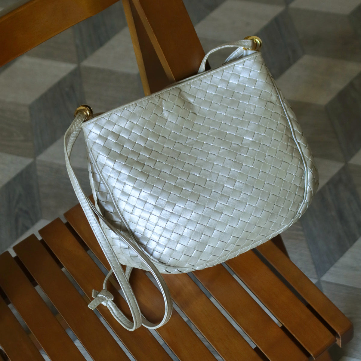 Vintage Bottega Veneta Pearly Ivory Intrecciato Leather 2way Shoulder Bag