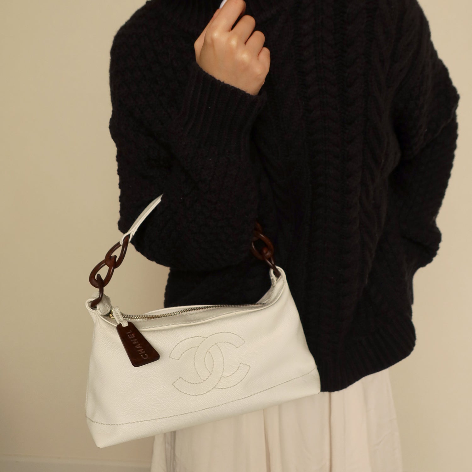 Chanel Vintage White Caviar Leather Hobo Coco Mark Shoulder Bag
