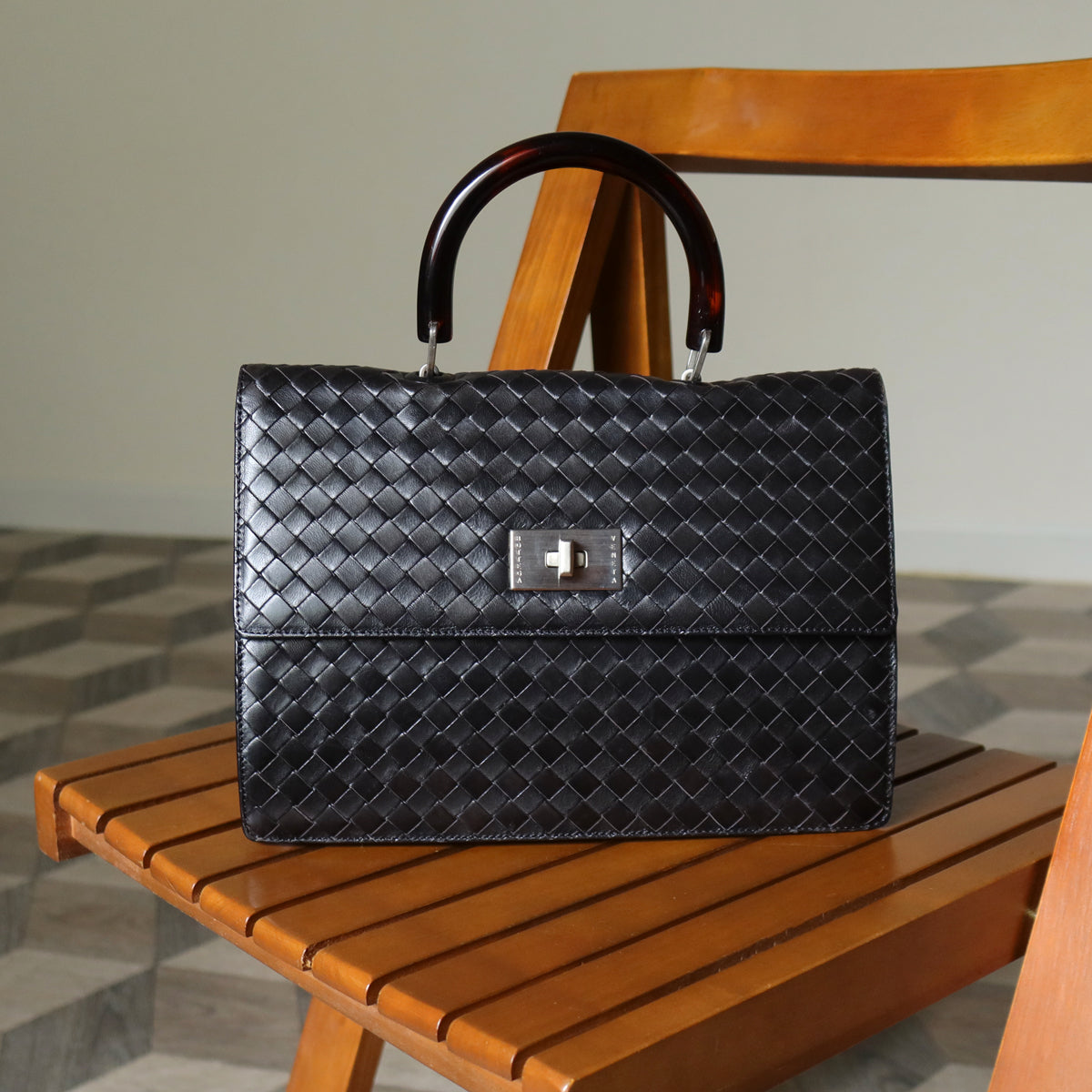 Rare Bottega Veneta Vintage Black Intrecciato Resin Top handle 2way Flap Bag