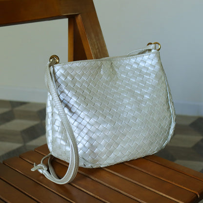 Vintage Bottega Veneta Pearly Ivory Intrecciato Leather 2way Shoulder Bag