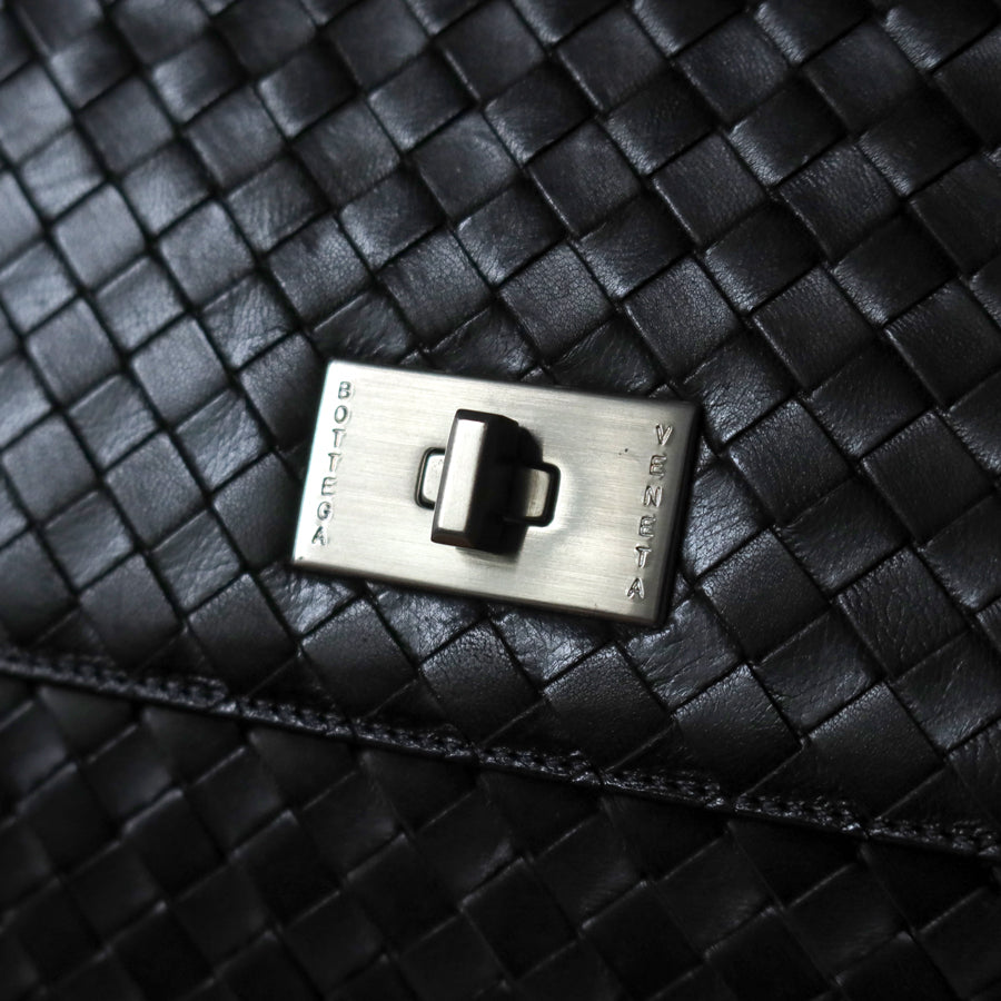 Rare Bottega Veneta Vintage Black Intrecciato Resin Top handle 2way Flap Bag