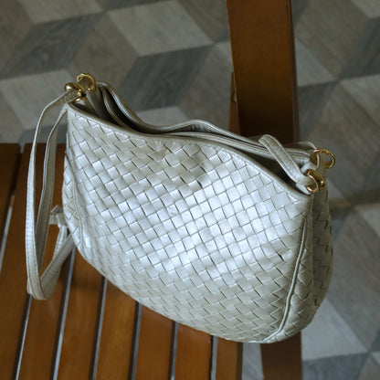 Vintage Bottega Veneta Pearly Ivory Intrecciato Leather 2way Shoulder Bag