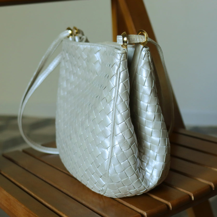Vintage Bottega Veneta Pearly Ivory Intrecciato Leather 2way Shoulder Bag