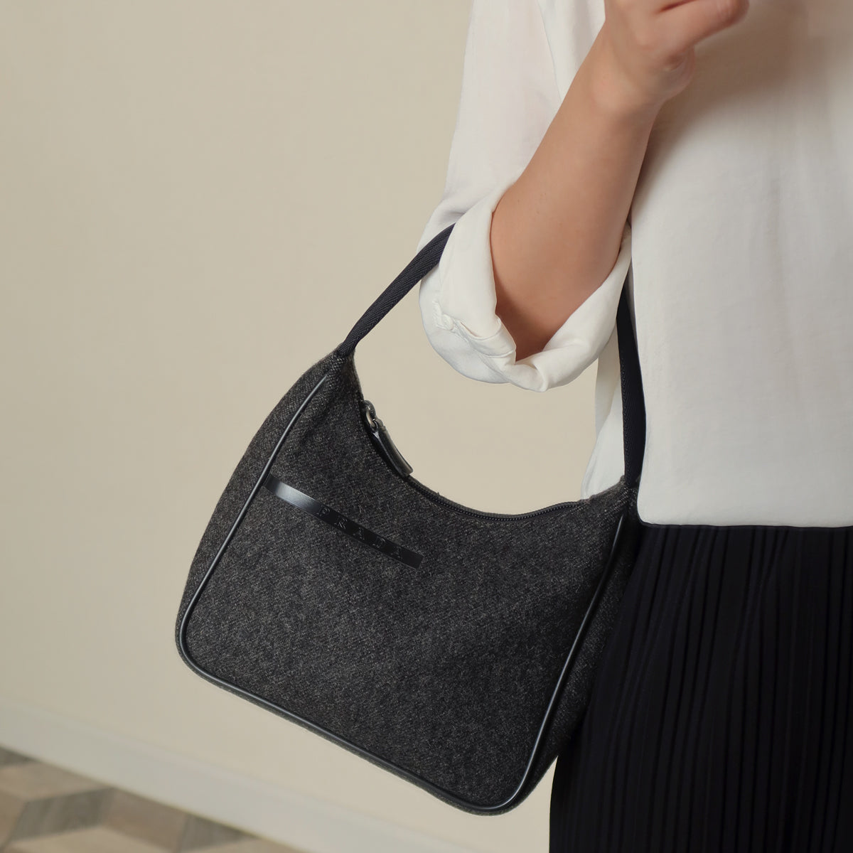 Prada Vintage Charcoal Grey Wool x Nylon Hobo Bag