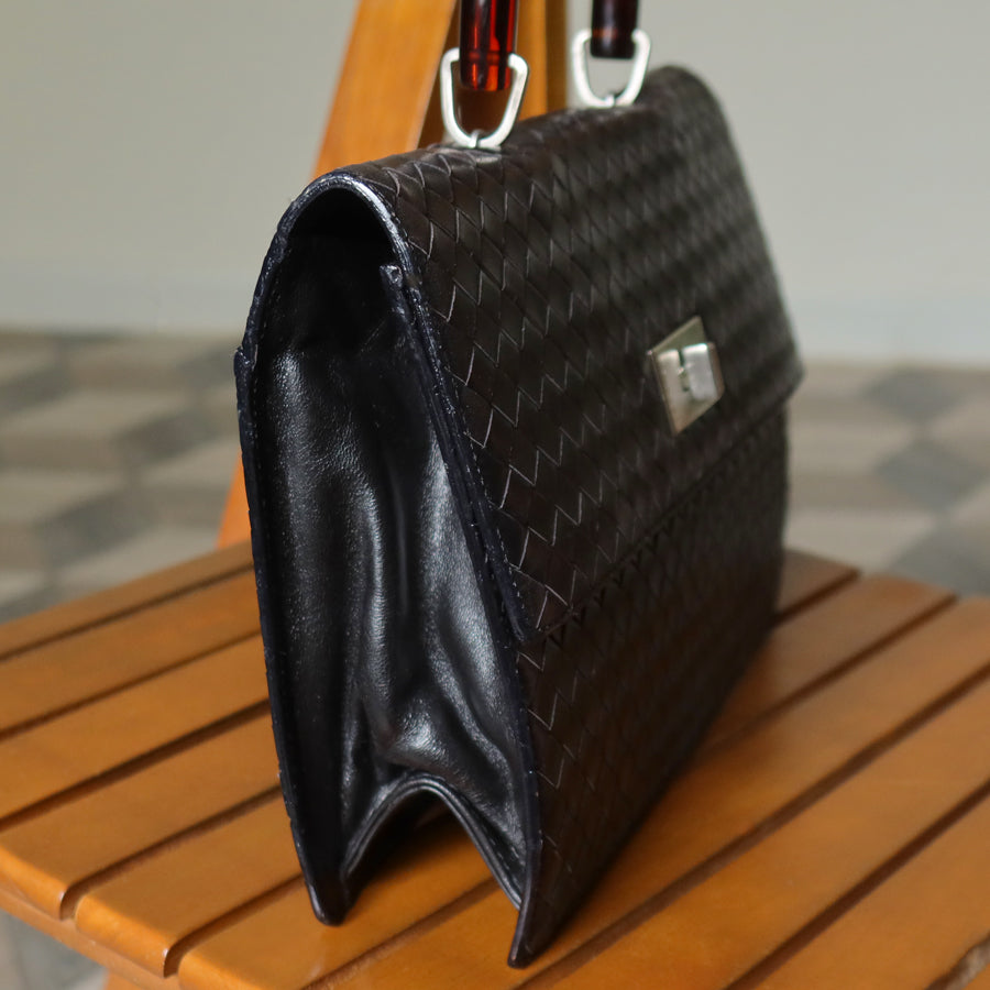 Rare Bottega Veneta Vintage Black Intrecciato Resin Top handle 2way Flap Bag
