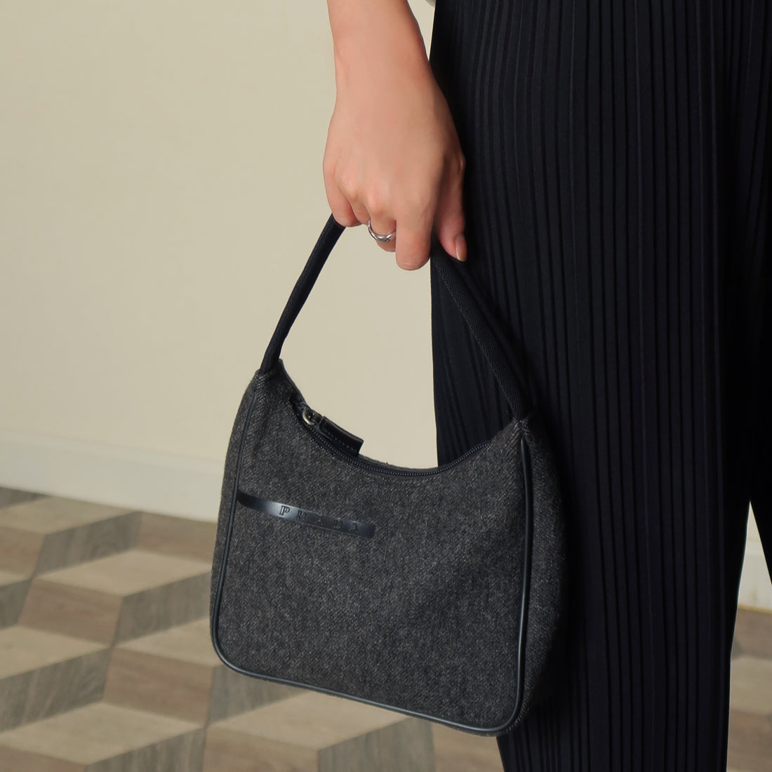 Prada Vintage Charcoal Grey Wool x Nylon Hobo Bag