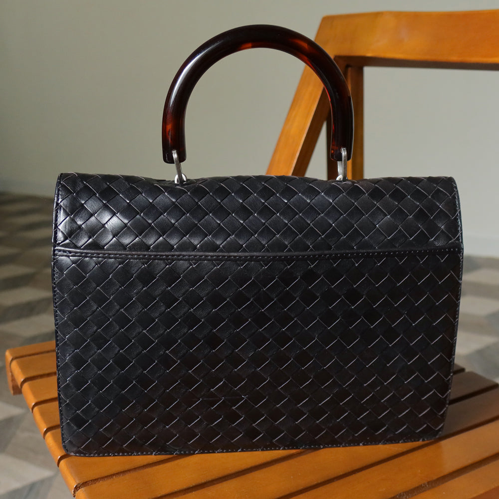 Rare Bottega Veneta Vintage Black Intrecciato Resin Top handle 2way Flap Bag